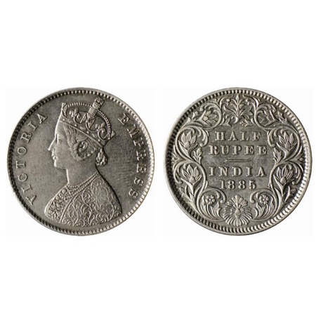 Victoria Empress, Silver ½ Rupee, 1885, Calcutta Mint, A/I, C incused. GK 632. About Extre