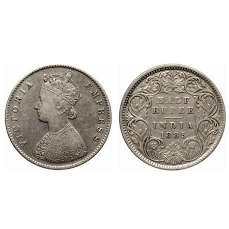 Victoria Empress, Silver ½ Rupee, 1885, Calcutta Mint, A/I, C incused. GK 632. About Very 