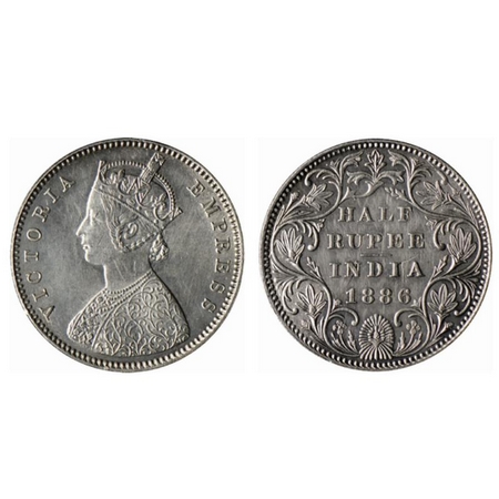 Victoria Empress, Silver ½ Rupee, 1886, Bombay Mint, A/II(i), B Raised, Center vertical st