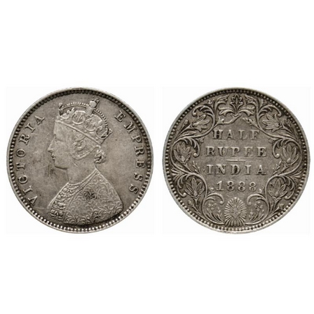 Victoria Empress, Silver ½ Rupee, 1888, Bombay Mint, A/II(i), no mint mark without B, Cent
