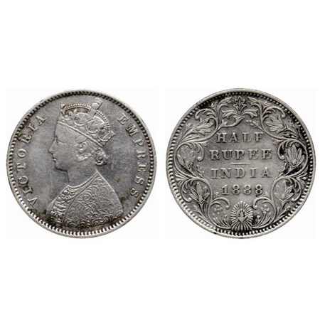 Victoria Empress, Silver ½ Rupee, 1888, Bombay Mint, A/II(i), small B raised, Center verti