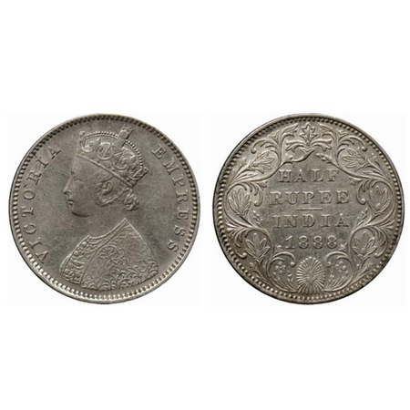 Victoria Empress, Silver ½ Rupee, 1888, Bombay Mint, A/II, small B raised. GK 639. Very Fi