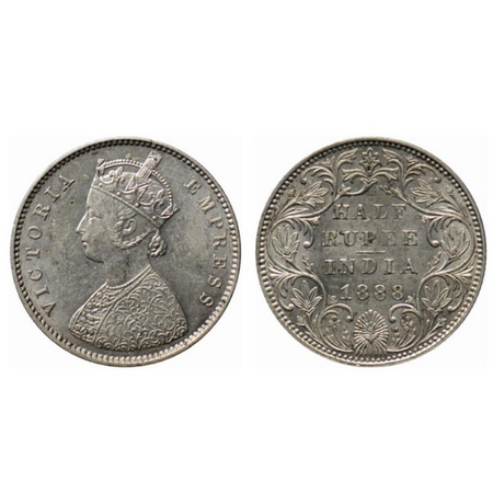Victoria Empress, Silver ½ Rupee, 1888, Bombay Mint, A/2, big B raised. GK 640. Extremely 