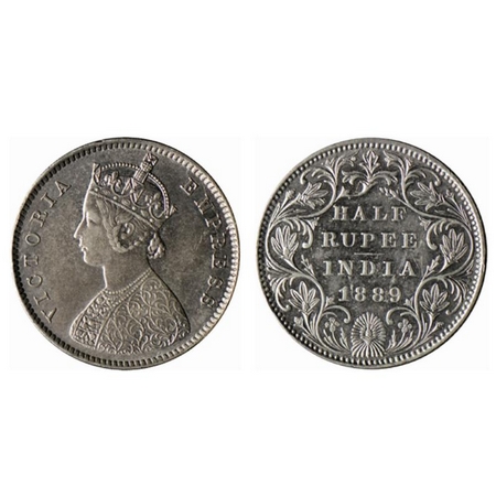 Victoria Empress, Silver ½ Rupee, 1889, Bombay Mint, A/II(i), big B raised, Center vertica