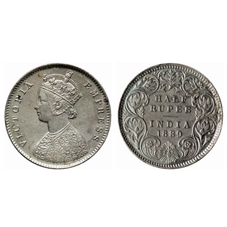 Victoria Empress, Silver ½ Rupee, 1889, Calcutta Mint, A/I, C incused. GK 645. Extremely F