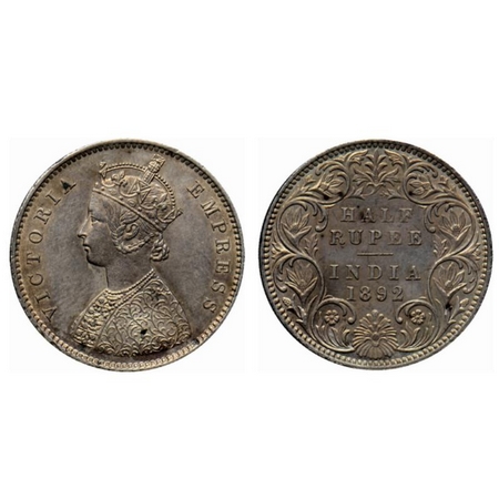Victoria Empress, Silver ½ Rupee, 1892, Bombay Mint, A/I, B incused. GK 646. Extremely Fin