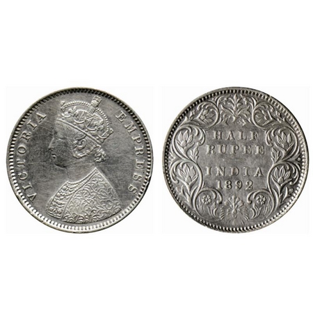 Victoria Empress, Silver ½ Rupee, 1892, Bombay Mint, A/I, B incused. GK 646. About Extreme
