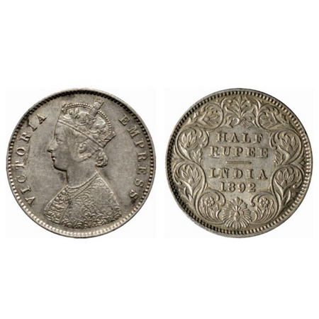 Victoria Empress, Silver ½ Rupee, 1892, Calcutta Mint, A/I, C incused. GK 647. About Very 
