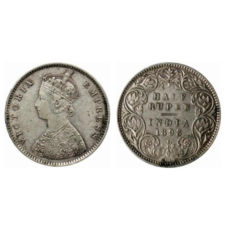 Victoria Empress, Silver ½ Rupee, 1893, Bombay Mint, A/I, B incused. GK 648. Very Fine, Sc