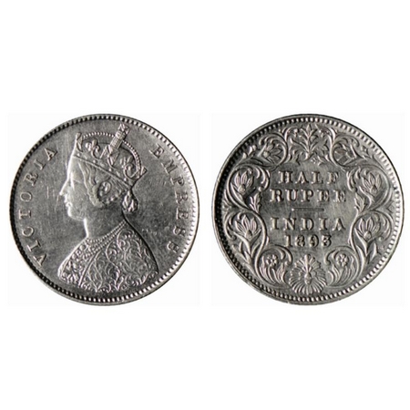 Victoria Empress, Silver ½ Rupee, 1893, Calcutta Mint, A/I, C incused. GK 649. About Very 