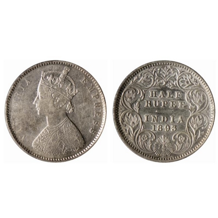 Victoria Empress, Silver ½ Rupee, 1893, Calcutta Mint, A/I, C incused. GK 649. About Very 