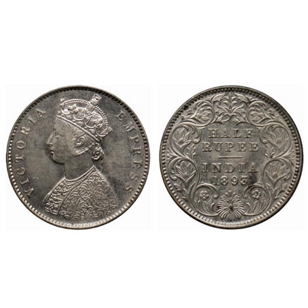 Victoria Empress, Silver ½ Rupee, 1893, Calcutta Mint, A/I, C incused. GK 649. About Extre