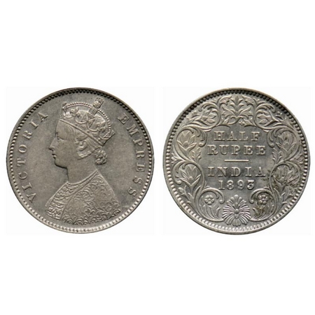 Victoria Empress, Silver ½ Rupee, 1893, Calcutta Mint, A/I, C incused. GK 649. About Very 