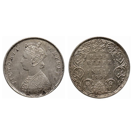Victoria Empress, Silver ½ Rupee, 1894, Bombay Mint, A/I, B incused. GK 650. About Extreme