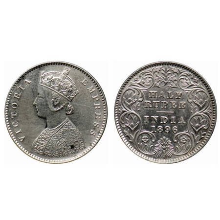 Victoria Empress, Silver ½ Rupee, 1896, Calcutta Mint, A/I, C incused. GK 652. About Extre