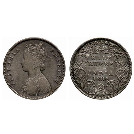 Victoria Empress, Silver ½ Rupee, 1896, Calcutta Mint, A/I, C incused. GK 652. About Very 