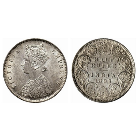 Victoria Empress, Silver ½ Rupee, 1899, Bombay Mint, A/I, B incused inverted. GK 662. Extr