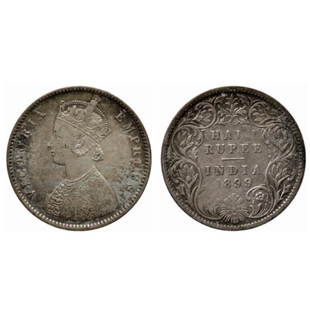 Victoria Empress, Silver ½ Rupee, 1899, Bombay Mint, A/I, B incused inverted. GK 662. Abou