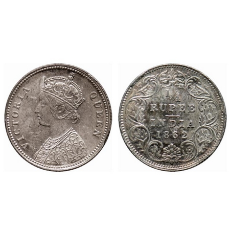 Victoria Queen, Silver ¼ Rupee, 1862, Calcutta Mint, A/I, small inverted V in center of th