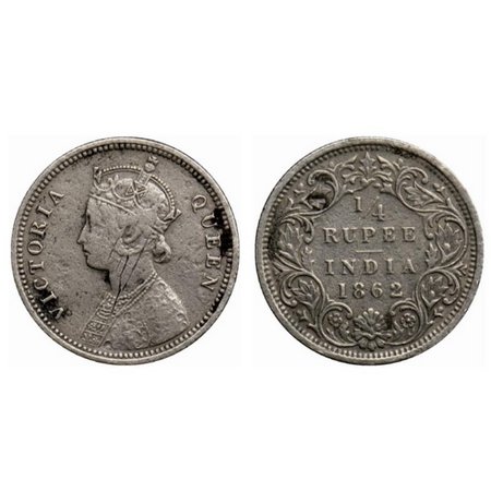 Victoria Queen, Silver ¼ Rupee, 1862, Bombay Mint, A/I. raised inverted 'V' on obverse, no