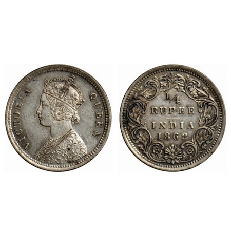 Victoria Queen, Silver ¼ Rupee, 1862, Bombay Mint, A/I, raised inverted 'V' on obverse, no
