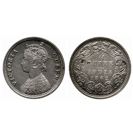 Victoria Queen, Silver ¼ Rupee, 1862, Bombay Mint, A/1, raised inverted 'V' on obverse, no