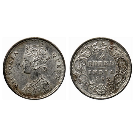 Victoria Queen, Silver ¼ Rupee, 1862, Bombay Mint, A/1, raised inverted 'V' on obverse, no