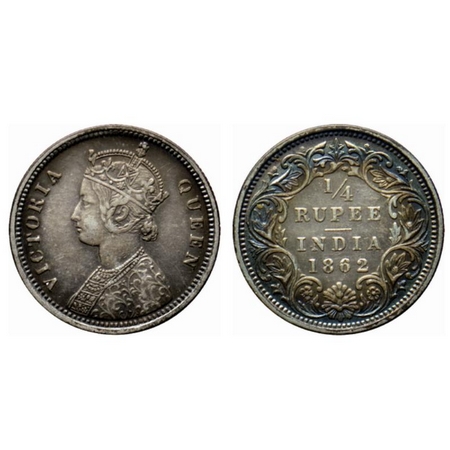 Victoria Queen, Silver ¼ Rupee, 1862, Bombay Mint, A/1, raised inverted 'V' on obverse, no