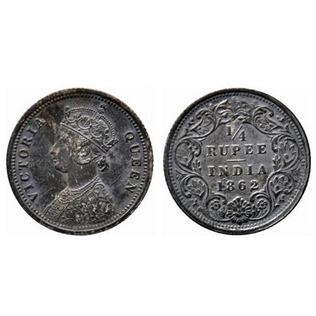 Victoria Queen, Silver ¼ Rupee, 1862, Bombay Mint, A/1, raised inverted 'V' on obverse, no