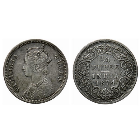 Victoria Queen, Silver ¼ Rupee, 1874, Bombay Mint, A/I, dot. GK 664. Very Fine+, Scarce.