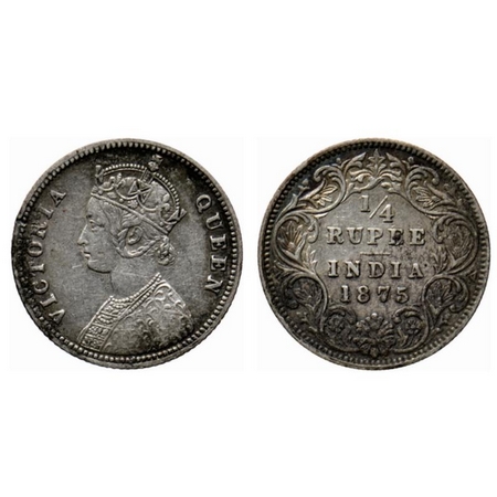 Victoria Queen, Silver ¼ Rupee, 1875, Calcutta Mint, A/I, no mint mark. GK 667. Very Fine,