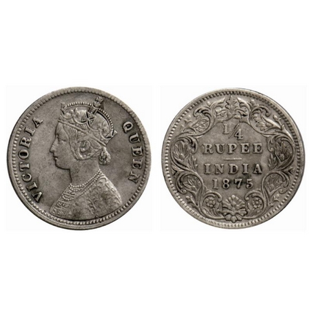 Victoria Queen, Silver ¼ Rupee, 1875, Calcutta Mint, A/I, no mint mark. GK 667. Fine+, Sca