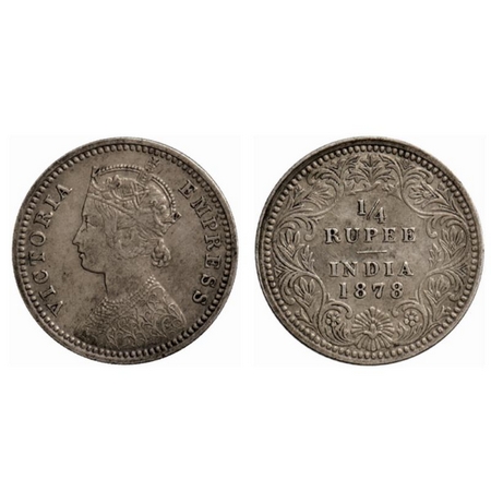 Victoria Empress, Silver ¼ Rupee, 1878, Calcutta Mint, C/II, no mint mark. GK 673. Very Fi