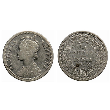 Victoria Empress, Silver ¼ Rupee, 1878, Calcutta Mint, C/II, no mint mark. GK 673. Fine cl