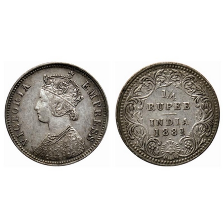 Victoria Empress, Silver ¼ Rupee, 1881, Bombay Mint, A/II, dot. GK 676. Almost Extremely F