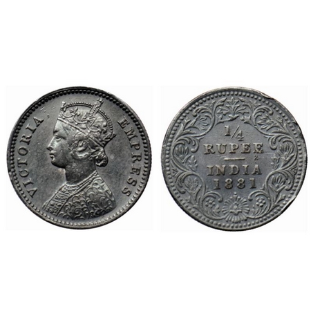 Victoria Empress, Silver ¼ Rupee, 1881, Bombay Mint, B/II, dot. Slight nick on the edge. G