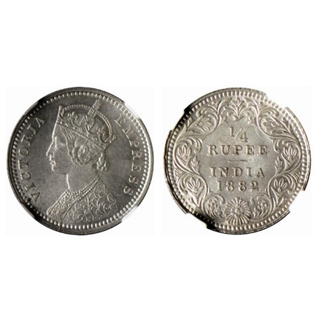 Victoria Empress, Silver ¼ Rupee, 1882, Calcutta Mint, C/II, C incuse. GK 687. NGC Slabbed