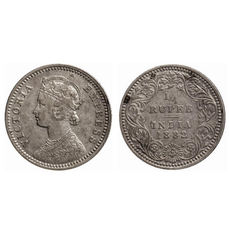 Victoria Empress, Silver ¼ Rupee, 1882, Calcutta Mint, C/II, C incused. GK 687. About Very
