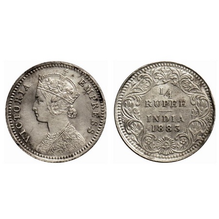 Victoria Empress, Silver ¼ Rupee, 1883, Calcutta Mint, C/II, C incused. GK 692. About Very
