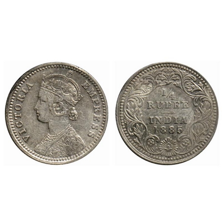 Victoria Empress, Silver ¼ Rupee, 1885, Calcutta Mint, C/II, C incused. GK 702. About Very