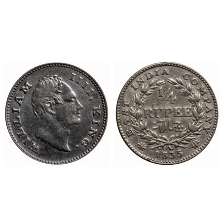 William IV, Silver ¼ Rupee, 1835, Calcutta Mint, A/II, F incused, serif on top of 'P' in R
