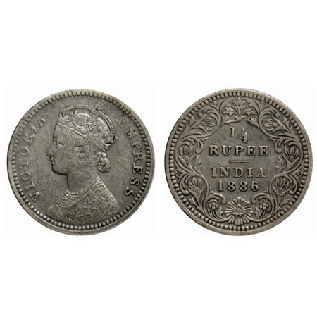 Victoria Empress, Silver ¼ Rupee, 1886, Calcutta Mint, C/II, C incused. GK 707. About Very