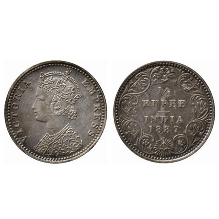 Victoria Empress, Silver ¼ Rupee, 1887, Bombay Mint, C(i)/II, B raised. Die crack error on