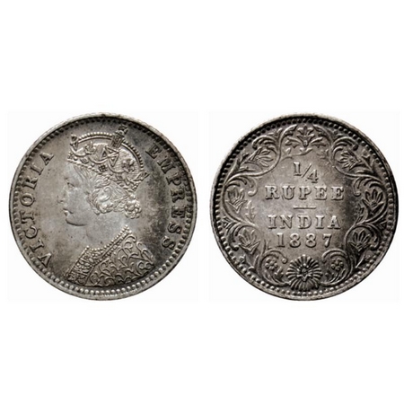 Victoria Empress, Silver ¼ Rupee, 1887, Bombay Mint, C(i)/II, B raised. GK 708. Extremely 