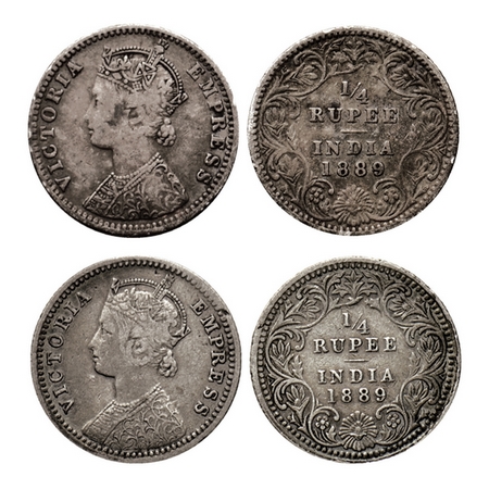 Victoria Empress, Silver ¼ Rupee (2 Coins), 1889, Bombay Mint, C(i)/II, 'B' incused. Calcu