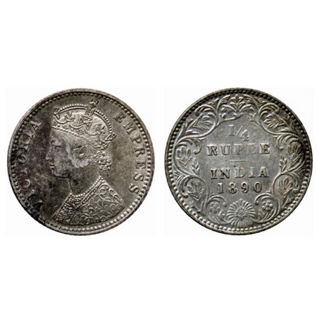 Victoria Empress, Silver ¼ Rupee, 1890, Bombay Mint, C(i)/I, B incused. GK 717. Very Fine+