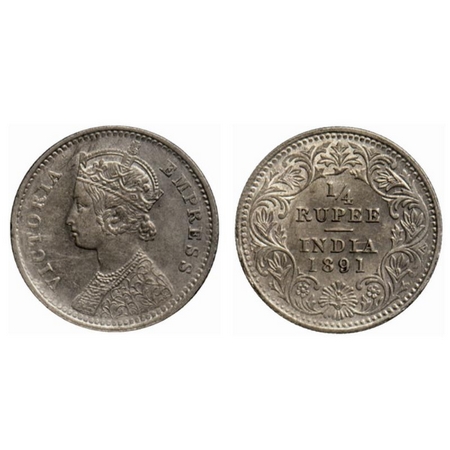 Victoria Empress, Silver ¼ Rupee, 1891, Calcutta Mint, C/II, C incused, GK 721. Extremely 