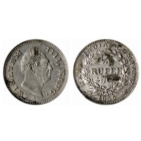 William IV, Silver ¼ Rupee, 1835, Calcutta Mint, 'F' incused, A/II. No serif on top of 'P'