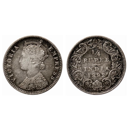 Victoria Empress, Silver ¼ Rupee, 1892, Bombay Mint, C(i)/I, B incused. GK 722. About Very