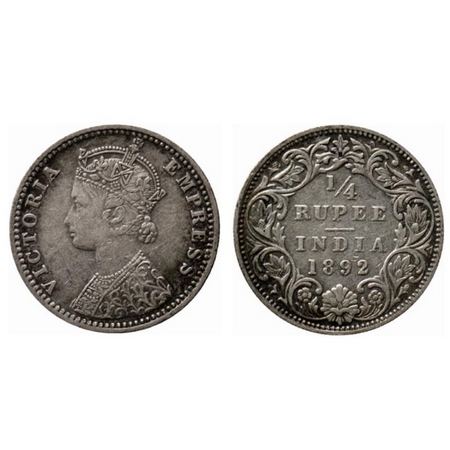 Victoria Empress, Silver ¼ Rupee, 1892, Bombay Mint, C(i)/I, B incused. GK 722. Almost Ver
